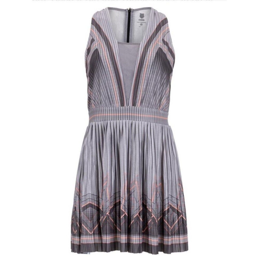 K Swiss Deep V Pleated Tennis Dress in Asphalt Deep V neck mesh Pickleball mini